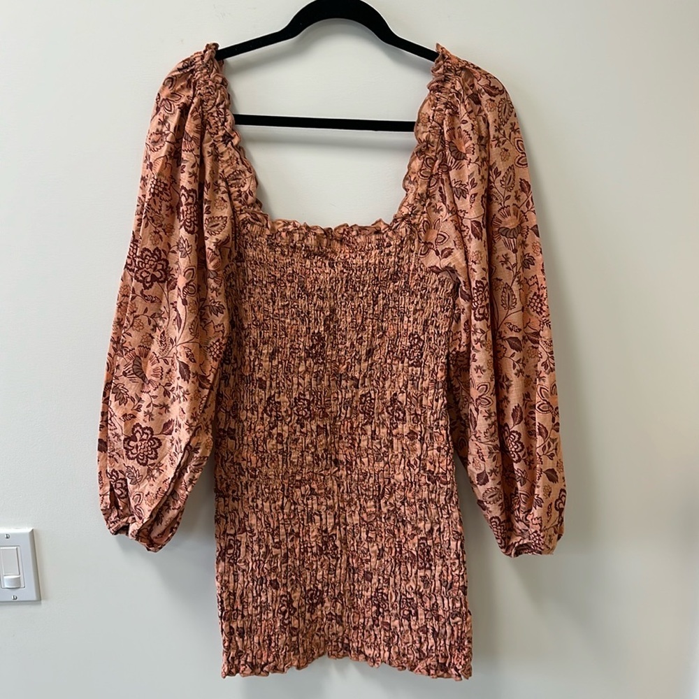 Free People Peach Floral Smocked Puff Sleeve Mini Dress